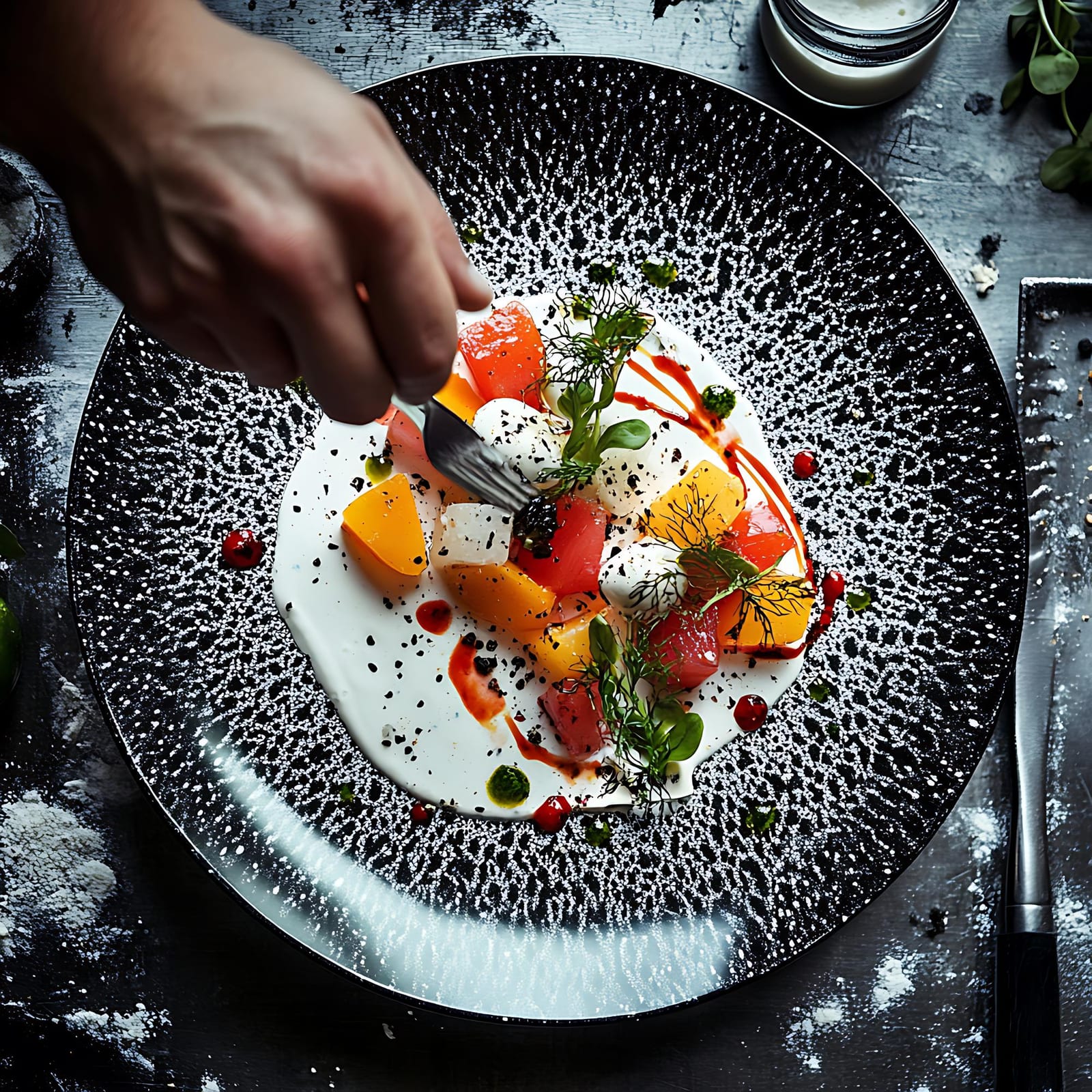 Salada composta com melancia, mussarela e microvegetais